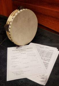 Custom tambourine, based on 16th-century practices. For the Irwin St. Collective and HIP Co. ensembles.